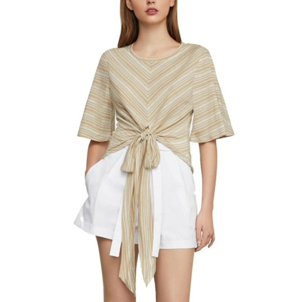 BCBGMAXAZRIA Sahara Beige Striped Front Tie Tunic Blouse CZL1232545 XXS